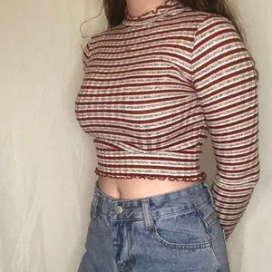 Forever 21 Red Striped Lettuce Edge Turtle Neck